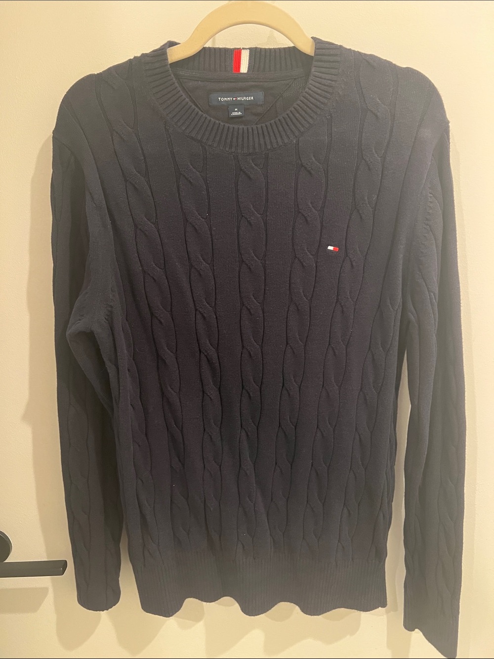 Tommy Hilfiger Navy Cable-Knit Crewneck Sweater with Flag Detail